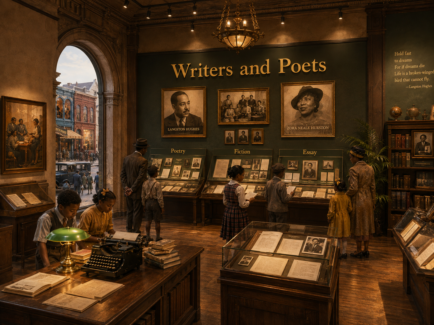 A warm museum gallery celebrating Harlem Renaissance writers and poets