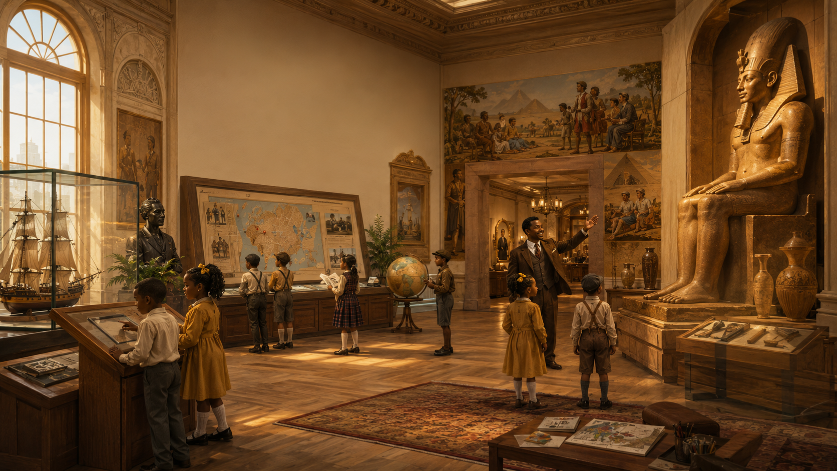 Younger students exploring museum exhibits