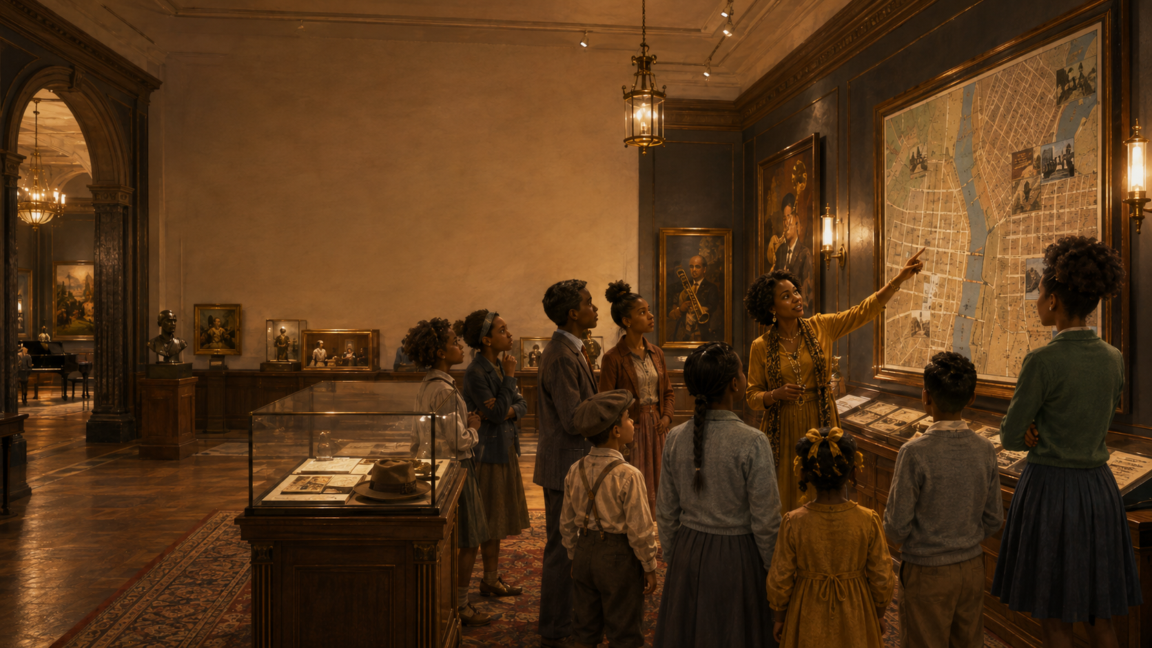 Teacher leading students through a museum