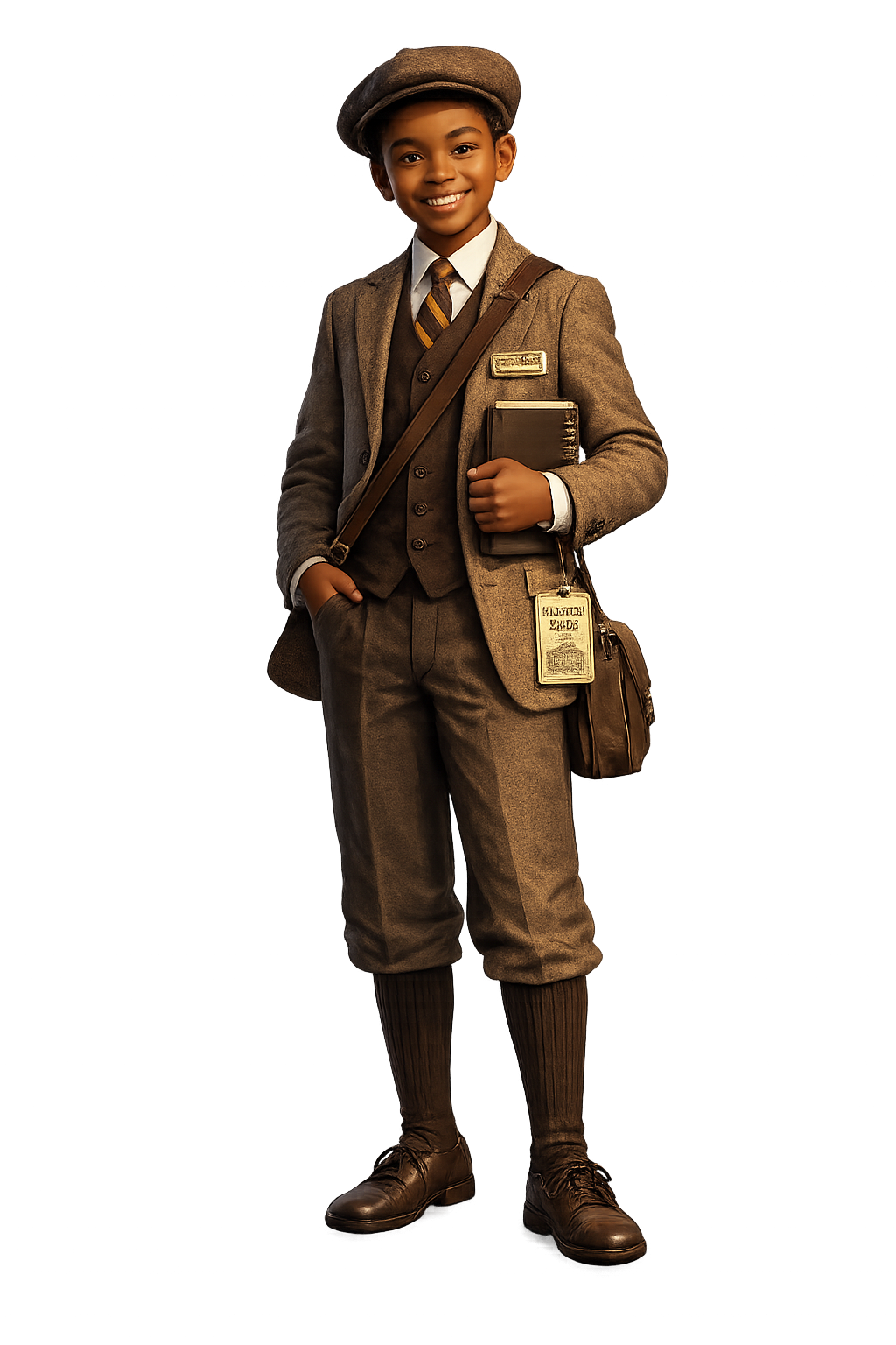 Fictional student museum guide holding a notebook